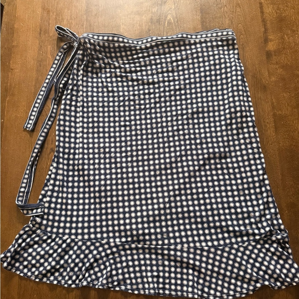 Max Studio Wrap Skirt L Navy White Polka Dot Asymmetrical Hem
